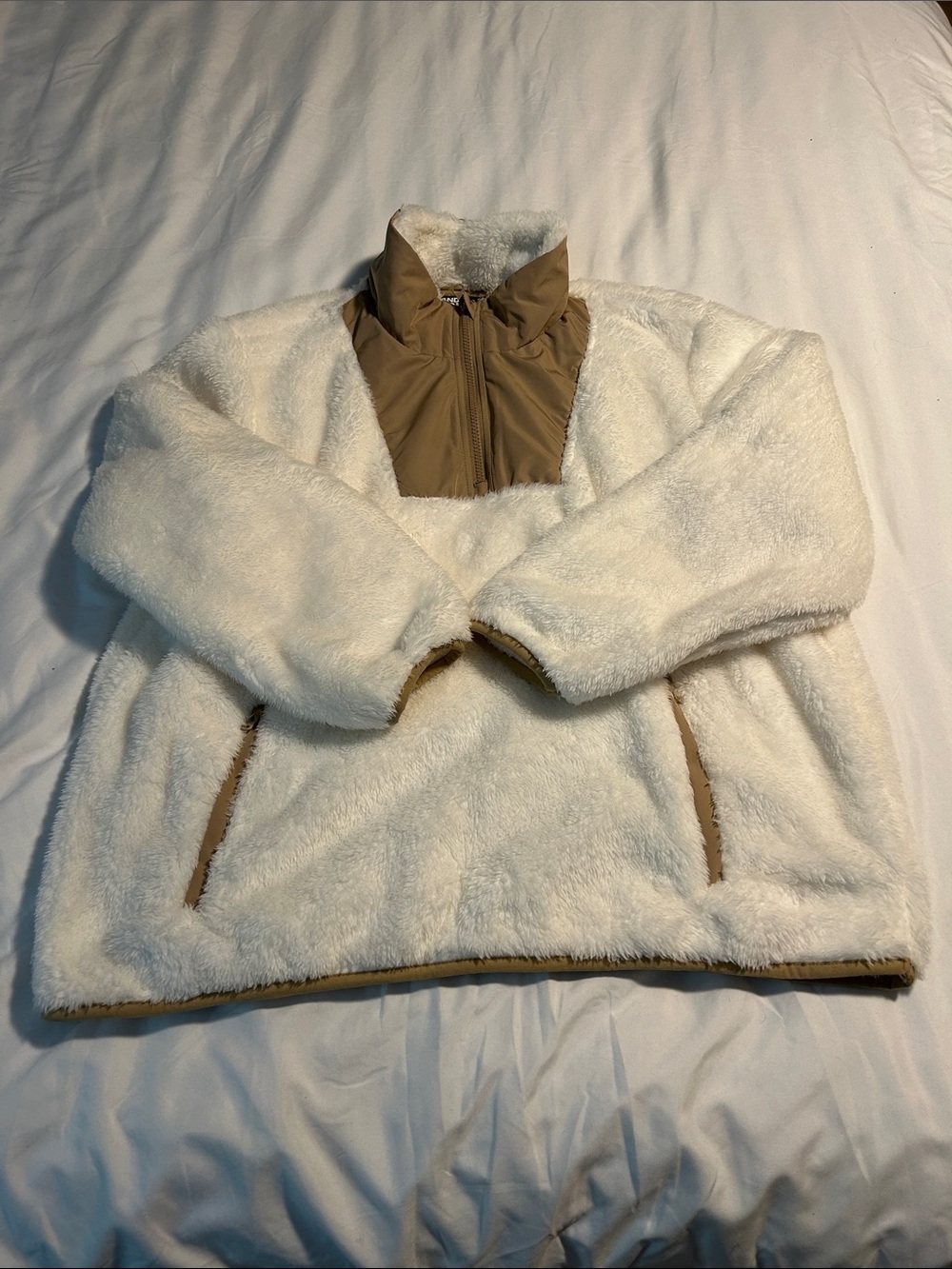 Lands' End Cream Sherpa Pullover with Tan Trim